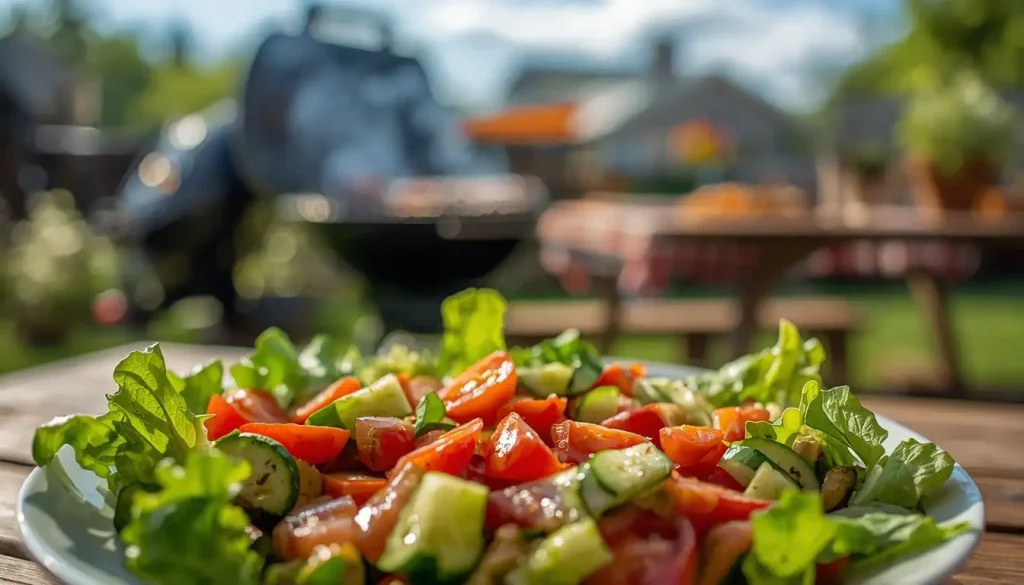 תקריב של סלט ירקות טריים עם עגבניות, מלפפונים וחסה על צלחת, המונחת על שולחן בחוץ. ברקע המטושטש נראים גריל ושולחן פיקניק בגינה שטופת שמש.