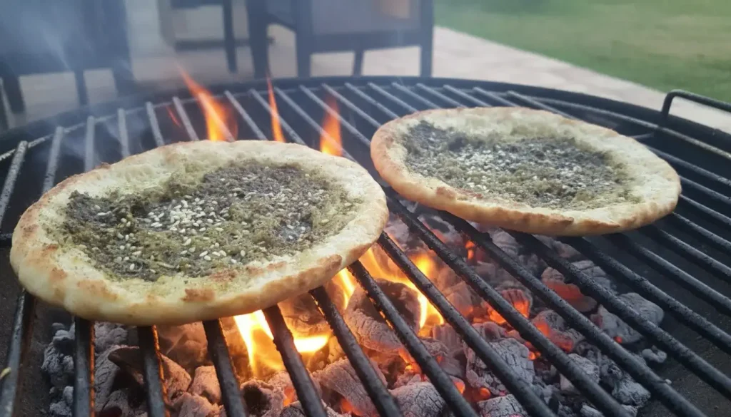 שני פיתות עם זעתר נצלים על גחלים פתוחות במנגל, כשברקע נראים מטבח חיצוני וכיסאות מטושטשים.