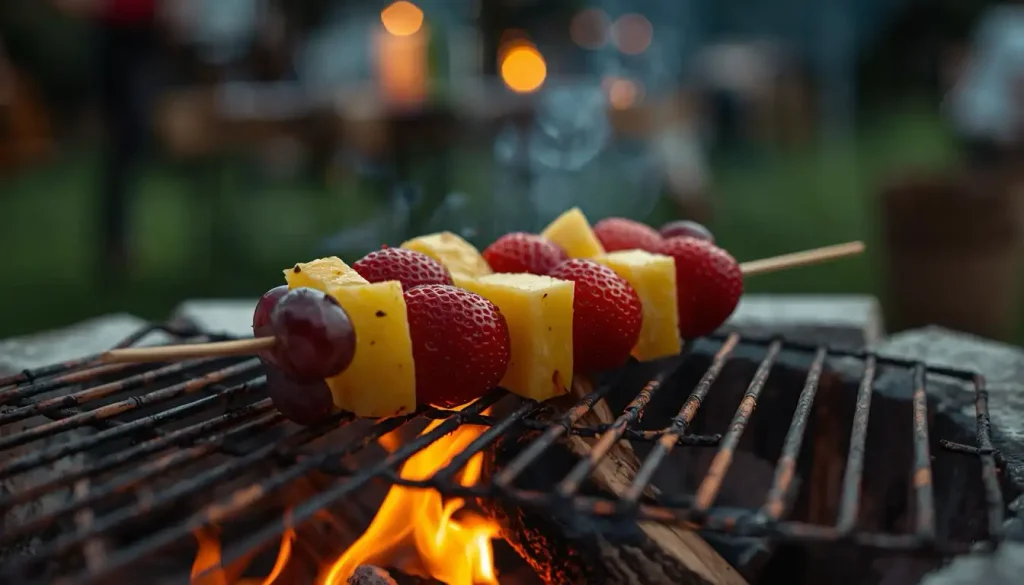 שני שיפודים עם תותים, ענבים ופרוסות אננס נצלים על אש פתוחה, עם רקע מטושטש של חוץ ושרשרת אורות.