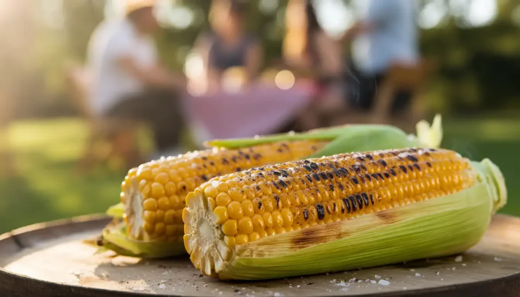שני קלחי תירס צלויים עם קליפות מקולפות חלקית, זרועים במלח, מונחים על משטח עץ בחוץ, עם אנשים מטושטשים וצמחייה ברקע.