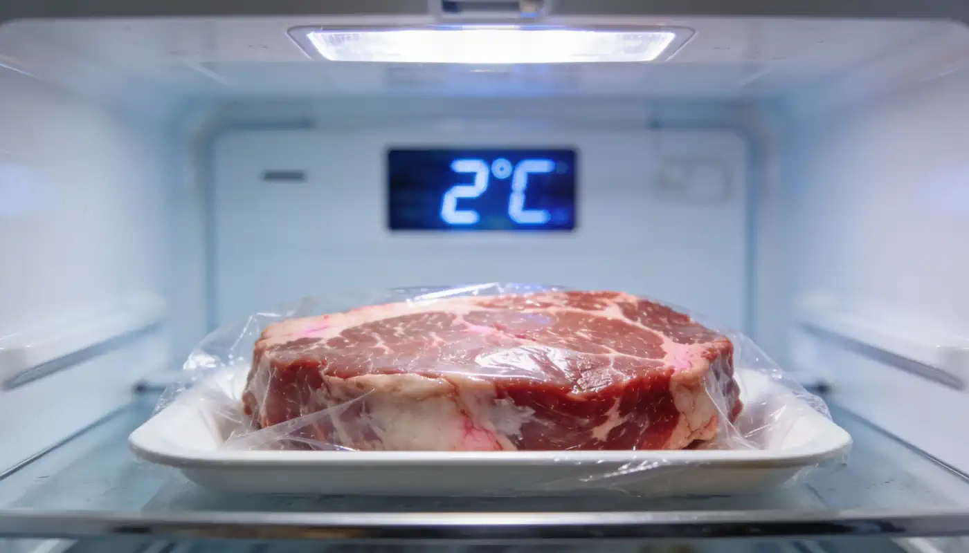 סטייק נא על צלחת לבנה, מכוסה בניילון נצמד, מונח בתוך מקרר עם תצוגת טמפרטורה דיגיטלית המציגה 2°C.