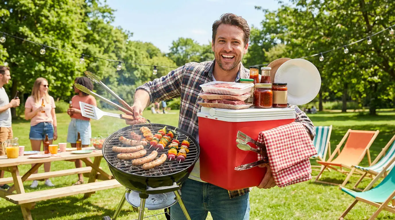 גבר מחייך במנגל, צולה נקניקיות וקבבים, תוך שהוא אוחז במקרר אדום, צלחות וצנצנות. אנשים משוחחים ומרגיעים את עצמם ליד שולחנות פיקניק בפארק ירוק ושטוף שמש.