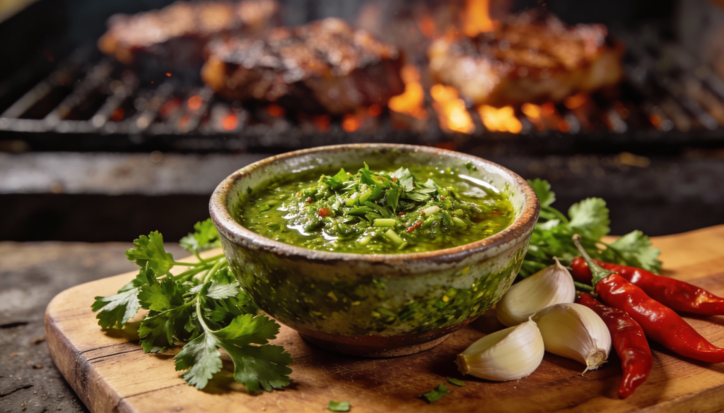 קערה של רוטב צ'ימיצ'ורי ירוק מעוטר בעשבי תיבול מונחת על קרש עץ, מוקפת בכוסברה טרייה, שיני שום ופלפלי צ'ילי אדומים, כשברקע בשר נצלה על האש.