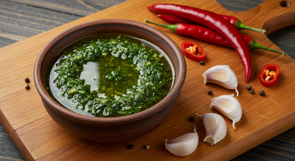 קערת עץ עם רוטב צ'ימיצ'ורי ירוק מונחת על קרש עץ, מוקפת בפלפלי צ'ילי אדומים שלמים ופרוסים, שיני שום וגרגירי פלפל שחור מפוזרים.