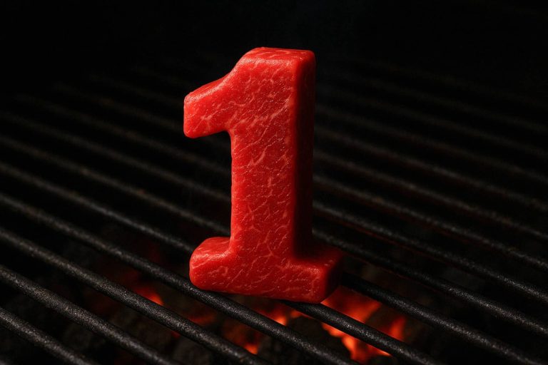 נתח בשר אדום בצורת מספר אחת יושב זקוף על גריל חם עם גחלים זוהרות מתחת לסורגים.