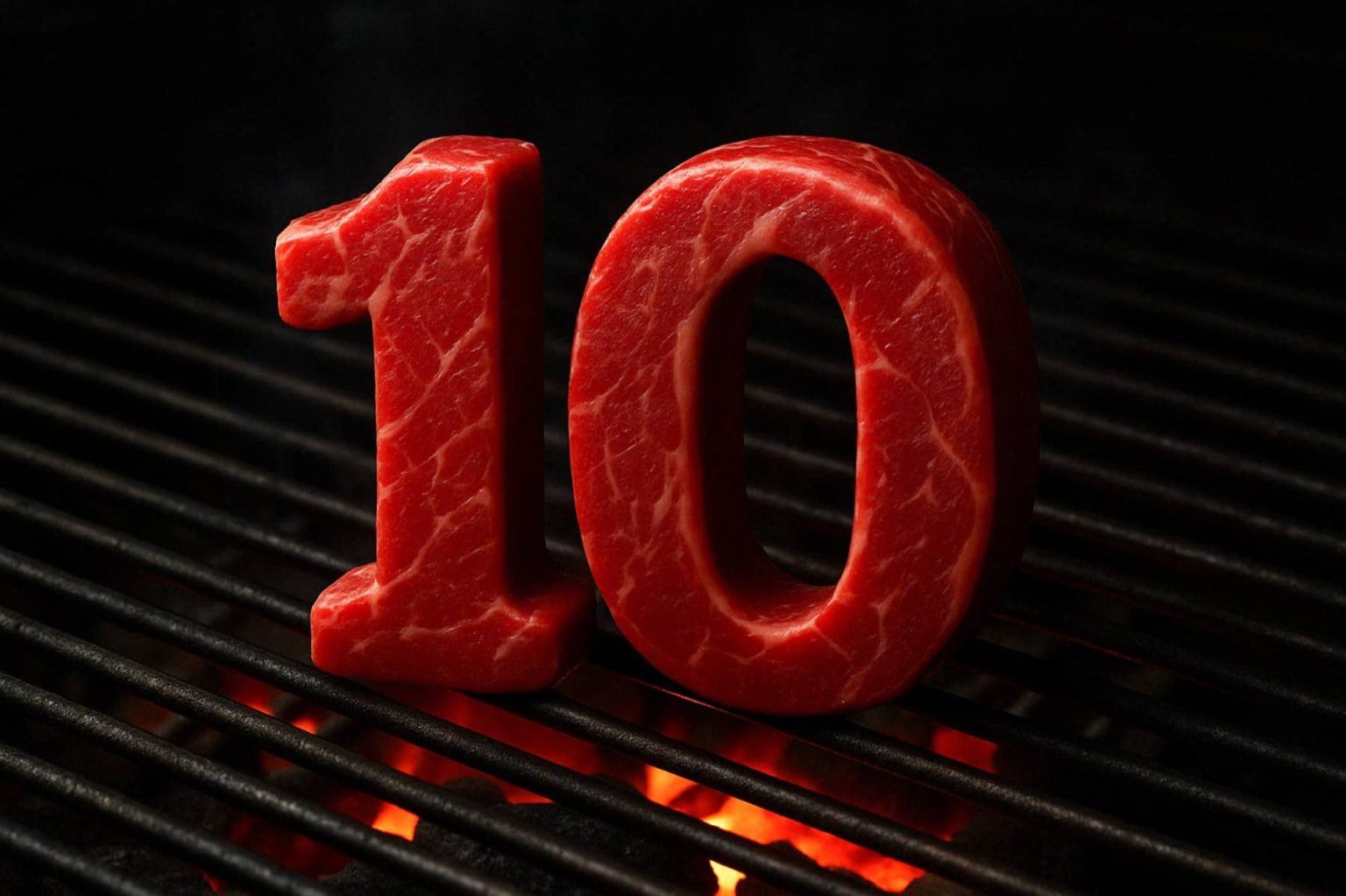 המספר "10" העשוי מבשר משויש נא יושב זקוף על גריל, עם להבות זוהרות מתחת לסורגים.