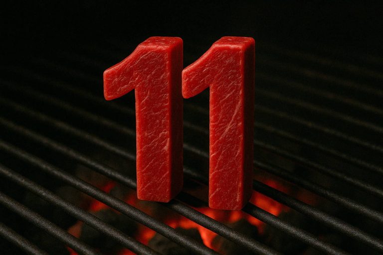 שני מספרים אדומים תלת מימדיים שנראים כמו בשר נא עומדים זה לצד זה על גריל מעל גחלים זוהרות.