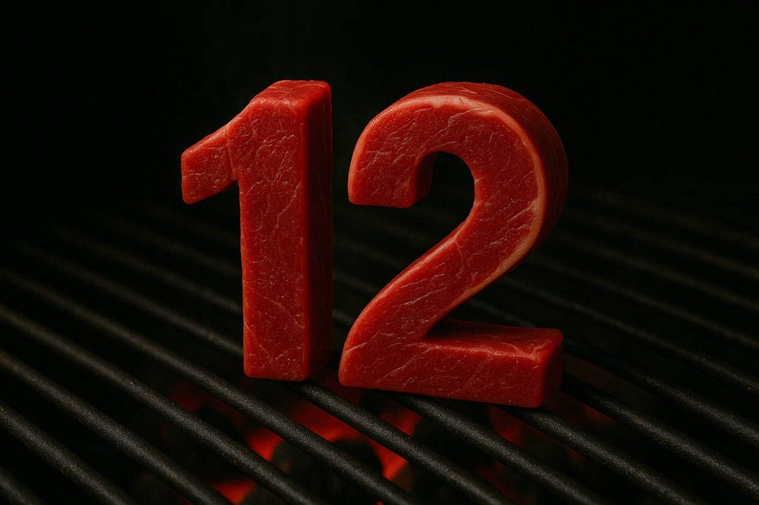 המספר 12 מגולף מבשר אדום נא ומוצב זקוף על גריל כהה, עם מוטות גריל נראים למטה ורקע שחור.