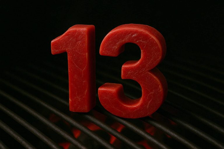 המספר 13 מפוסל מבשר נא אדום ומוצב זקוף על גריל עם מוטות מתכת שחורים, על רקע כהה.