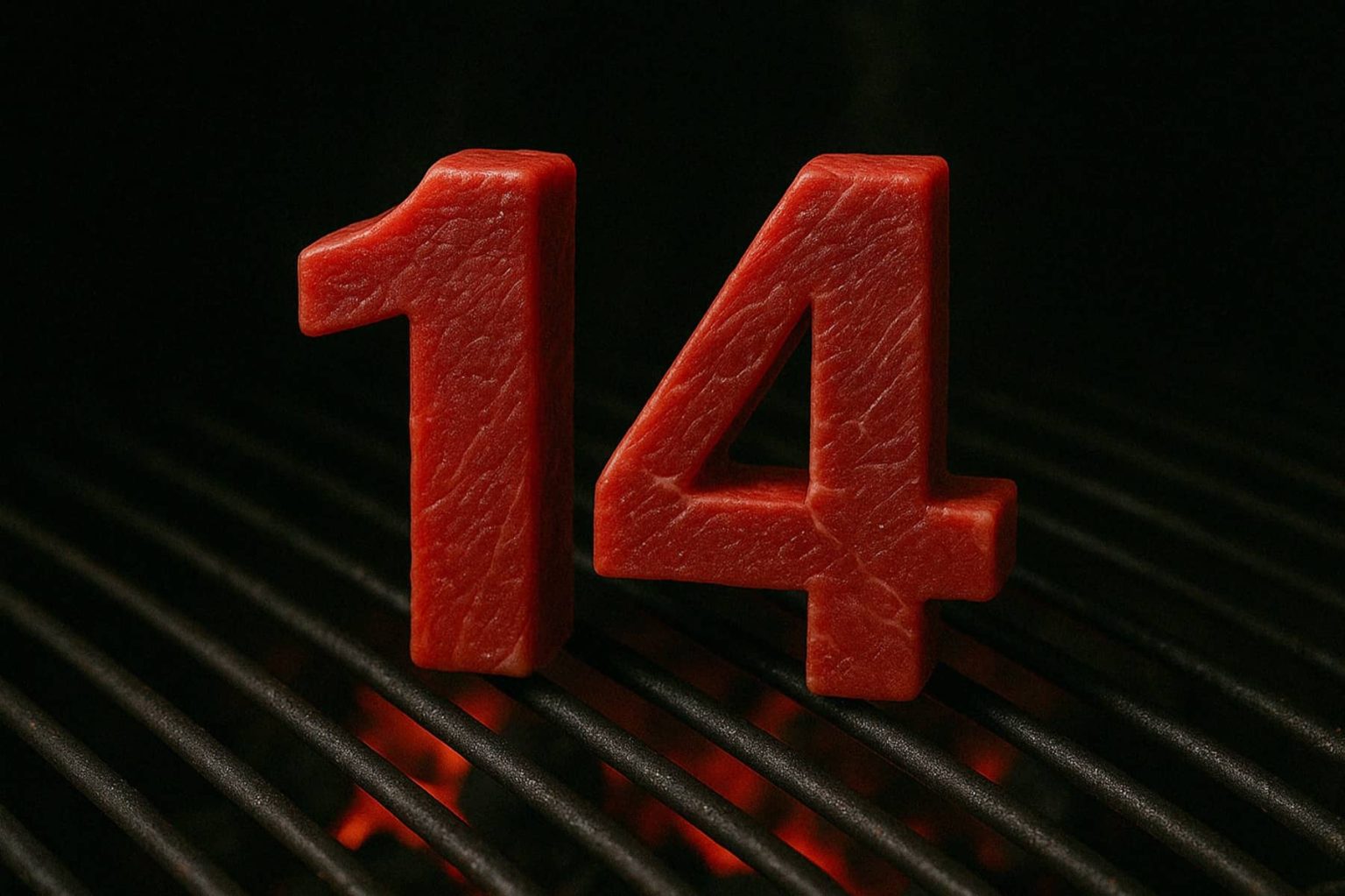 המספר 14, בצורת בשר אדום נא, עומד זקוף על גריל עם גחלים זוהרות מתחת לסורגים על רקע כהה.