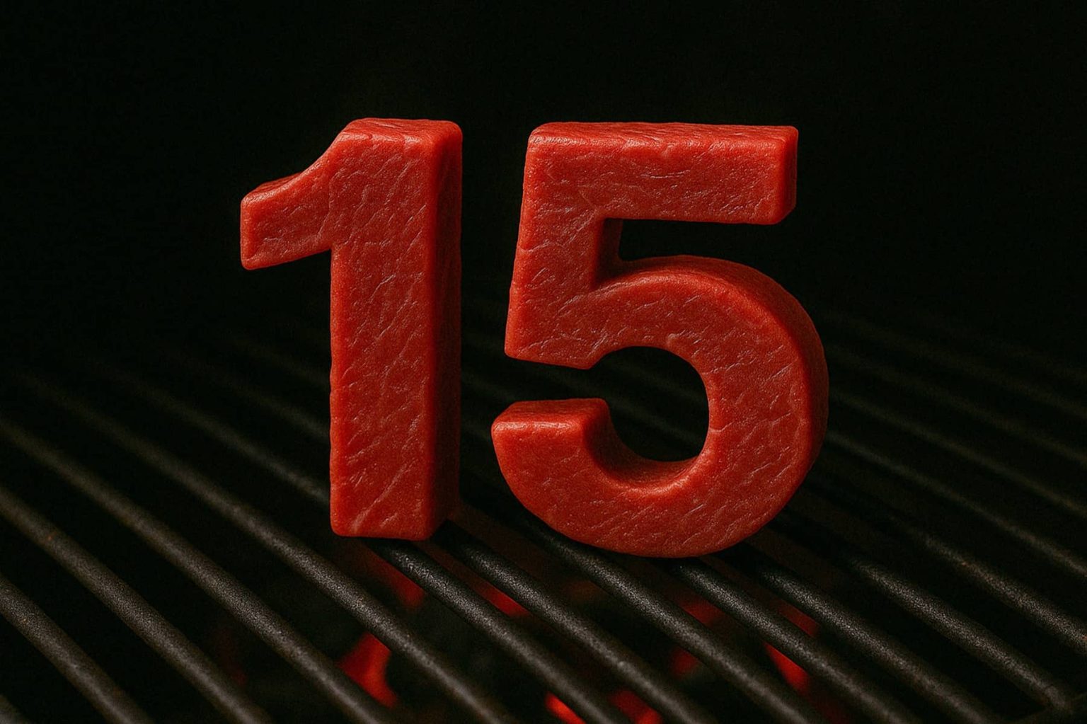 המספר 15 מעוצב כך שייראה כמו בשר אדום נא ומונח על גריל שחור, עם רקע כהה.