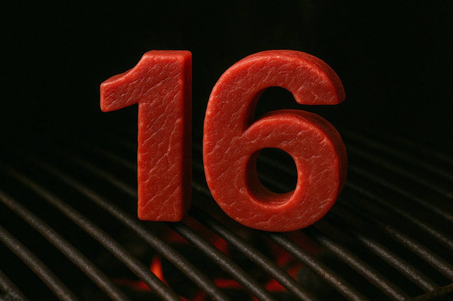 המספר 16, מגולף מבשר אדום נא, עומד זקוף על רשת גריל שחורה עם חום זוהר קלוש מתחתיו, על רקע כהה.