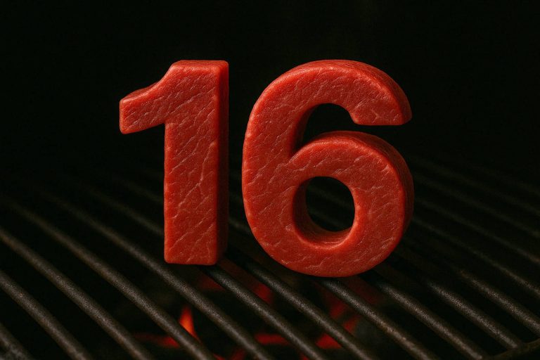 המספר 16, מגולף מבשר אדום נא, עומד זקוף על רשת גריל שחורה עם חום זוהר קלוש מתחתיו, על רקע כהה.