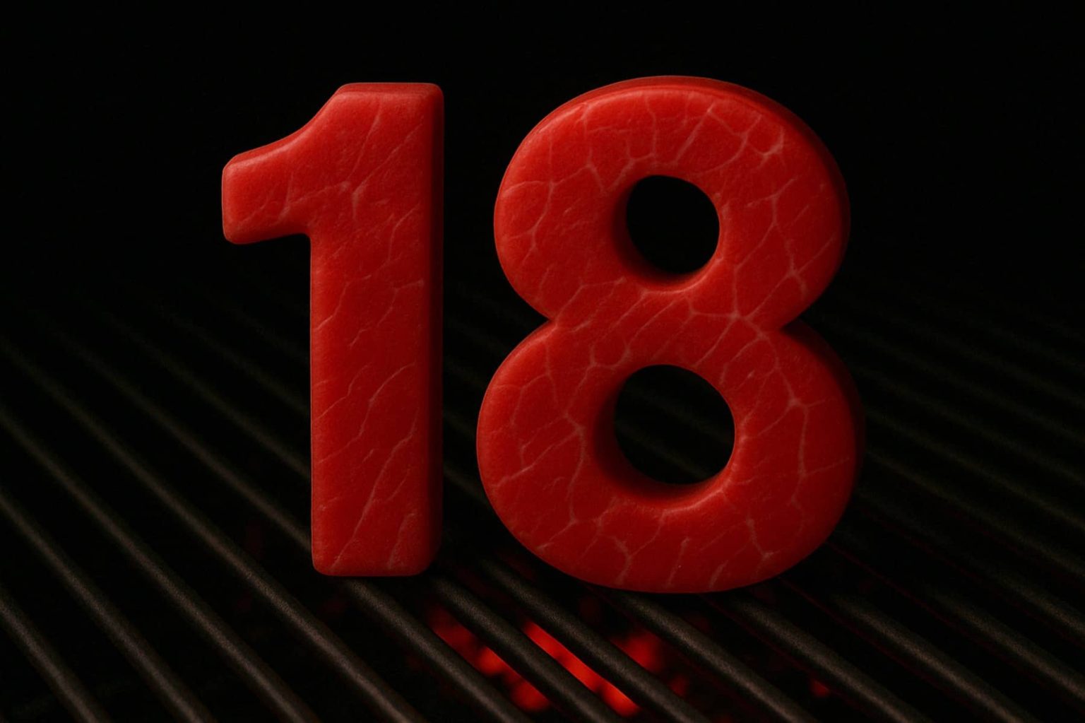 מספר אדום גדול 18 עם מרקם סדוק, עומד זקוף על גריל כהה עם חום אדום זוהר מתחת, על רקע שחור.