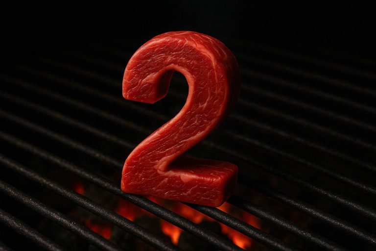 נתח בשר נא בצורת המספר 2 יושב על גריל עם גחלים אדומות זוהרות מתחת לסורגים.