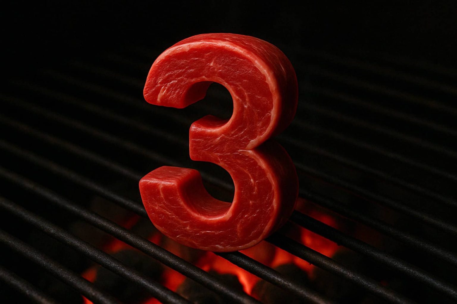 נתח בשר נא בצורת מספר שלוש יושב זקוף על גריל מעל גחלים אדומות זוהרות.