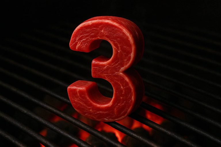 נתח בשר נא בצורת מספר שלוש יושב זקוף על גריל מעל גחלים אדומות זוהרות.