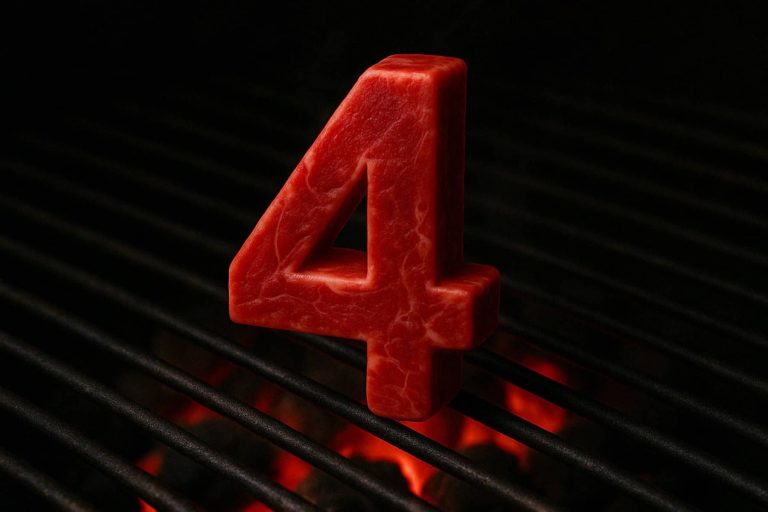 מספר 4 גדול ואדום שנראה כמו בשר נא יושב על גריל מעל גחלים זוהרות, דומה לסטייק שמתבשל.