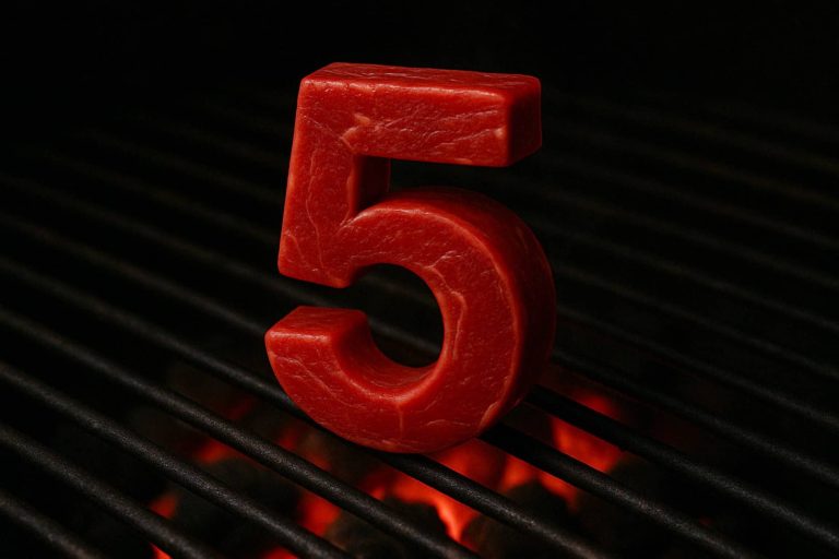 מספר אדום גדול 5 עשוי בשר נא יושב זקוף על גריל מעל פחם זוהר, מוכן לבישול.
