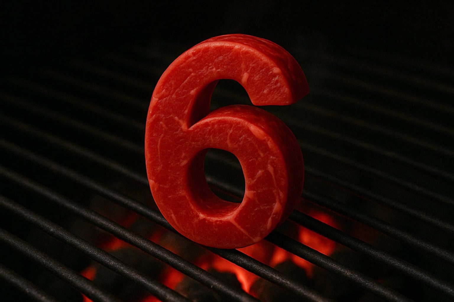 נתח בשר אדום נא בצורת המספר 6 יושב זקוף על גריל מעל גחלים לוהטות זוהרות.