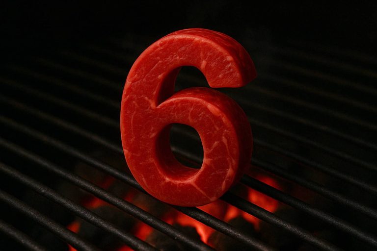 נתח בשר אדום נא בצורת המספר 6 יושב זקוף על גריל מעל גחלים לוהטות זוהרות.