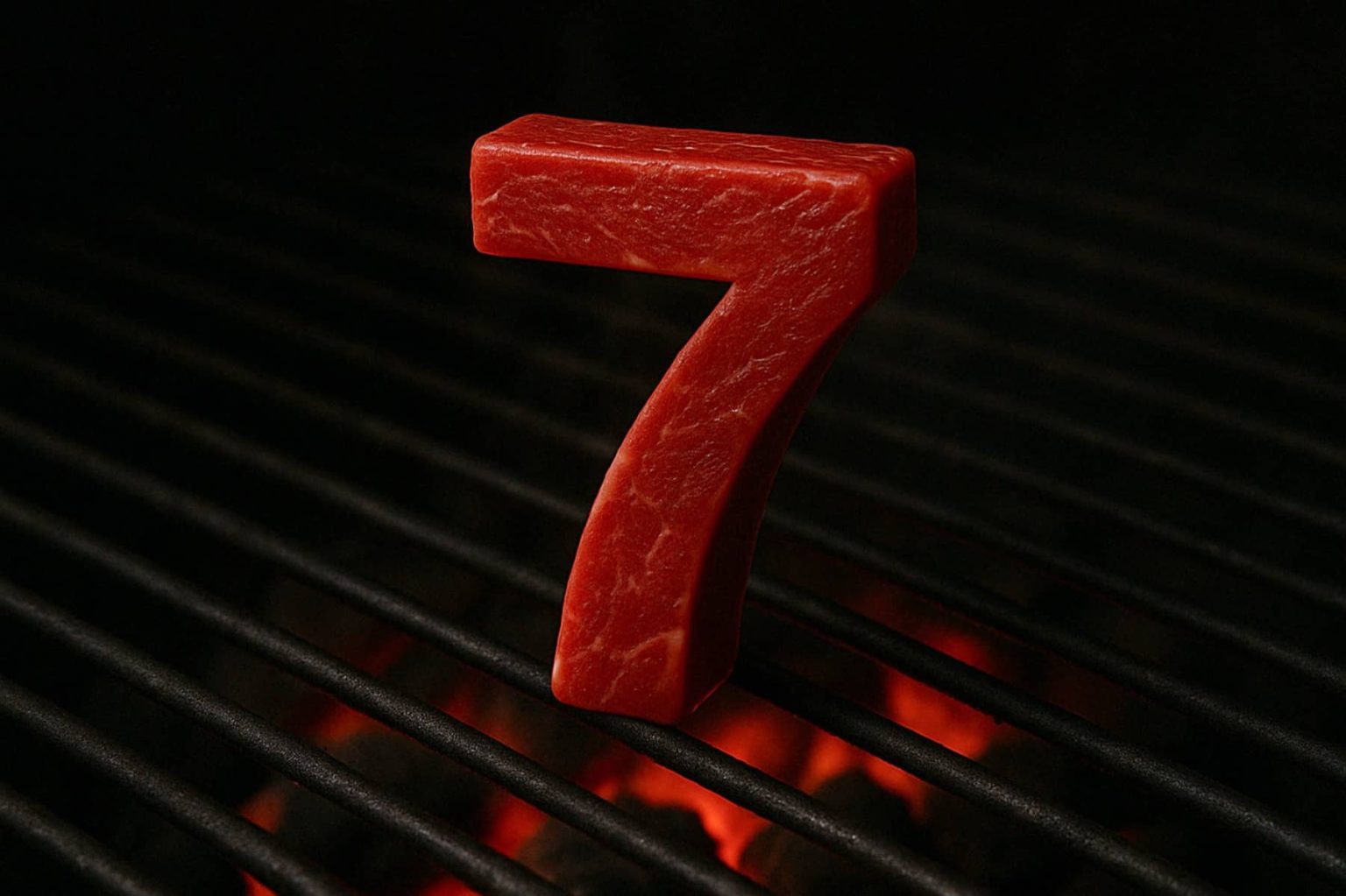 נתח בשר נא בצורת הספרה 7 יושב זקוף על גריל מעל גחלים אדומות זוהרות, מוכן לבישול.