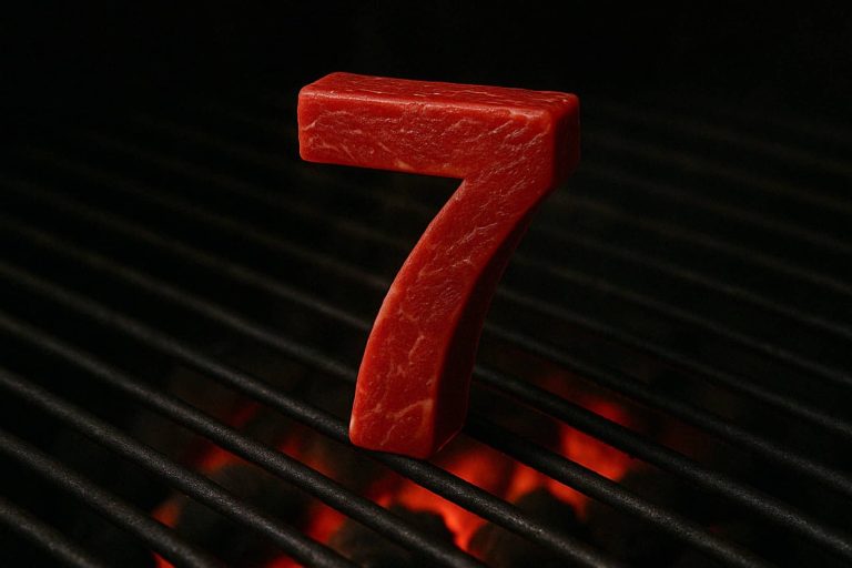 נתח בשר נא בצורת הספרה 7 יושב זקוף על גריל מעל גחלים אדומות זוהרות, מוכן לבישול.
