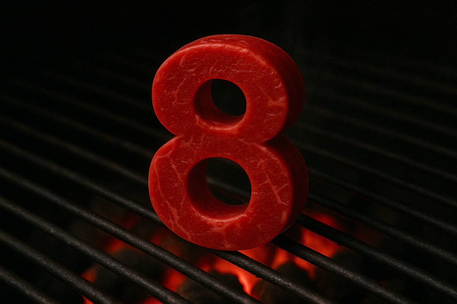 נתח בשר אדום נא בצורת המספר שמונה עומד זקוף על גריל שחור מעל גחלים לוהטות זוהרות.