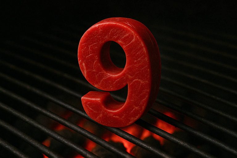 חתיכת סטייק נא בצורת הספרה 9 יושבת זקוף על גריל מעל גחלים אדומות זוהרות.