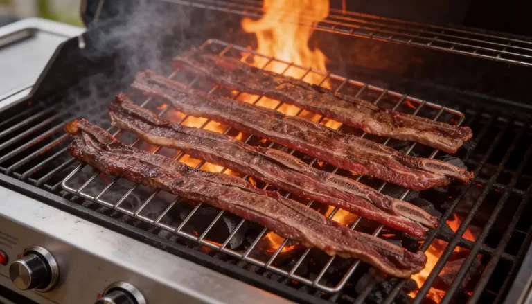 מספר רצועות חטיפי אסאדו נצלות על גריל בחוץ, בעוד להבות ועשן עולים מתחת לרשתות הגריל.