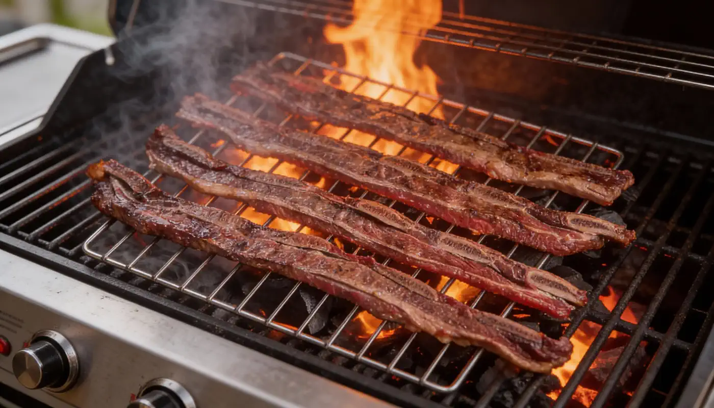 מספר רצועות חטיפי אסאדו נצלות על גריל בחוץ, בעוד להבות ועשן עולים מתחת לרשתות הגריל.