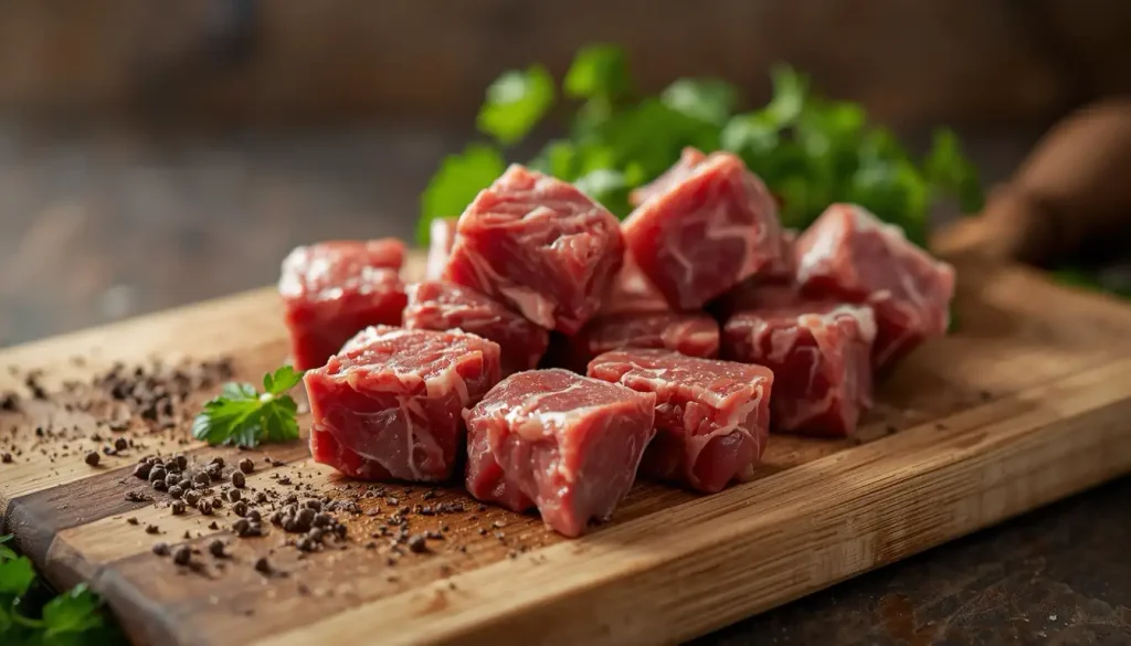 קוביות בשר בקר נא מסודרות על קרש חיתוך מעץ, עם גרגרי פלפל שחור מפוזרים ופטרוזיליה טרייה ברקע. הסצנה מוארת היטב, ומדגישה את מרקם וצבע הבשר.