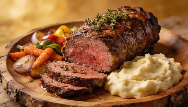 צלחת עץ עם פרוסות רוסטביף מעוטרות בעשבי תיבול, פירה קרמי וירקות צלויים, כולל גזר, פלפלים ובצל סגול.