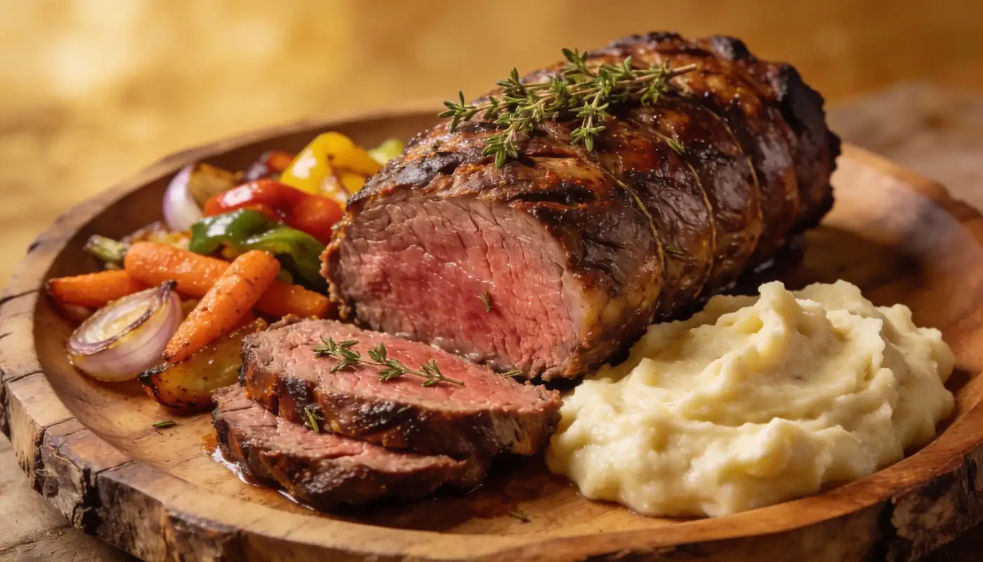 צלחת עץ עם פרוסות רוסטביף מעוטרות בעשבי תיבול, פירה קרמי וירקות צלויים, כולל גזר, פלפלים ובצל סגול.