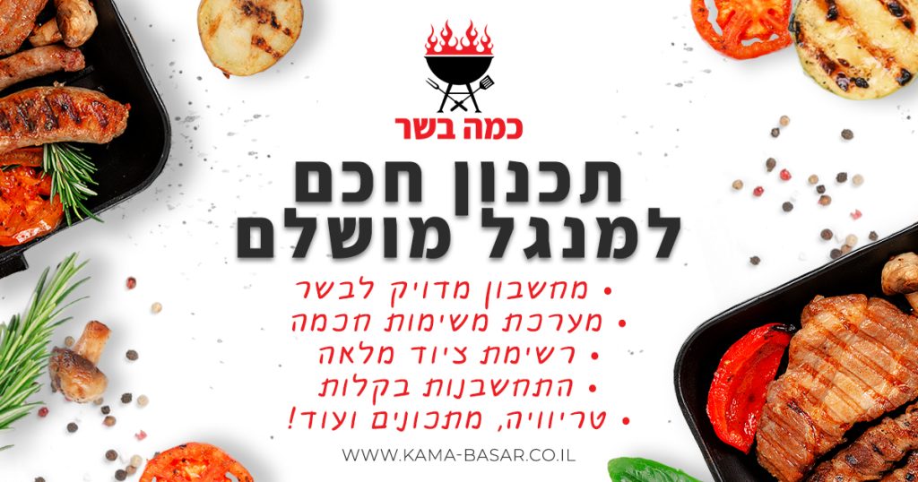 בשרים וירקות צלויים במחבתות שחורות מקיפים טקסט עברי מודגש המציג טיפים לצלייה מושלמת. סמל גריל אדום מופיע למעלה, ואתר האינטרנט kama-basar.co.il מוצג בתחתית.