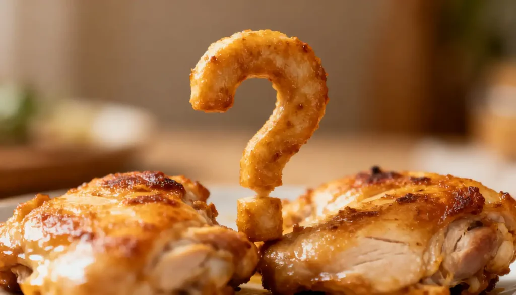 שני נתחי עוף מבושלים, זהובים-חומים, עם סימן שאלה עשוי מעוף מטוגן במרכז, הניצב זקוף בין הנתחים.