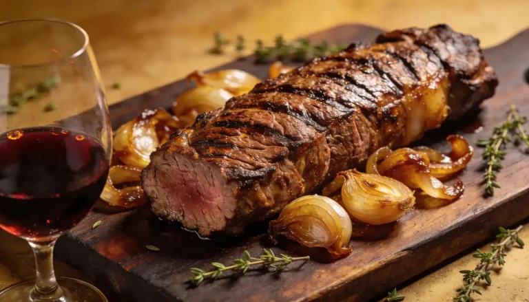 פילה בקר צלוי מונח על קרש עץ, מוקף בבצל צלוי וענפי טימין, ולצידו כוס יין אדום. הבשר נחתך לפרוסות כדי להראות את מרכזו העסיסי, במידת עשייה מדיום-רייר.