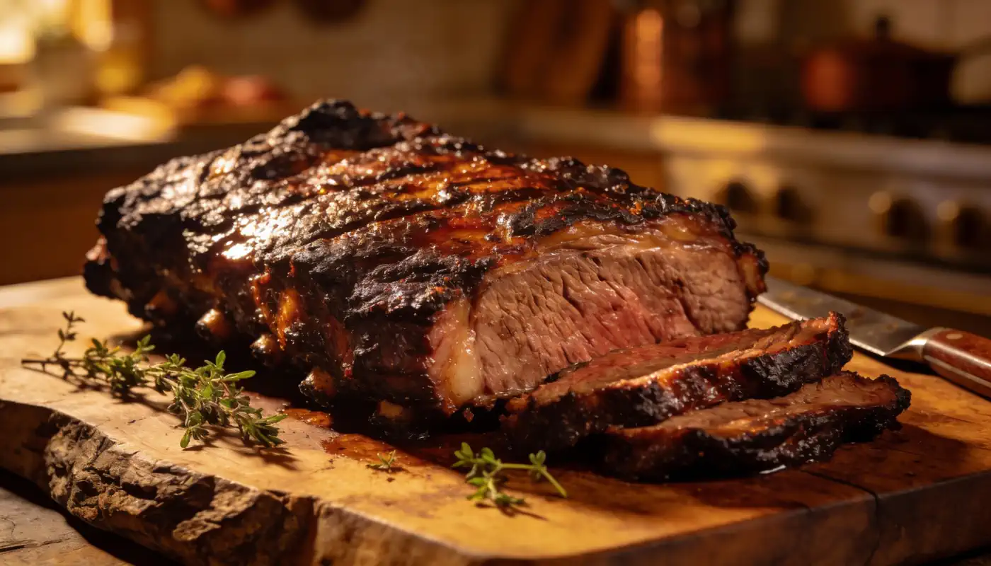 נתח בשר בקר גדול, עסיסי וצלוי עם קרום חרוך מונח על קרש חיתוך מעץ, חתוך חלקית, עם עשבי תיבול טריים לצדו במטבח מואר באור חם.