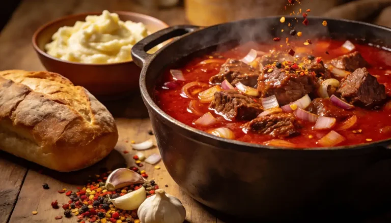 סיר מהביל של תבשיל בקר עם רוטב אדום, בצל ותבלינים מונח על שולחן עץ לצד כיכר לחם, פירה, שיני שום וגרגירי פלפל מפוזרים.