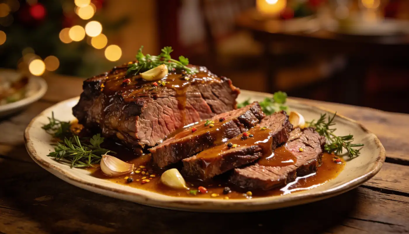 צלחת עם פרוסות רוסטביף ברוטב חום, מעוטרת בעשבי תיבול טריים ושיני שום, מונחת על שולחן עץ כפרי עם תאורה חמימה וחגיגית ברקע.