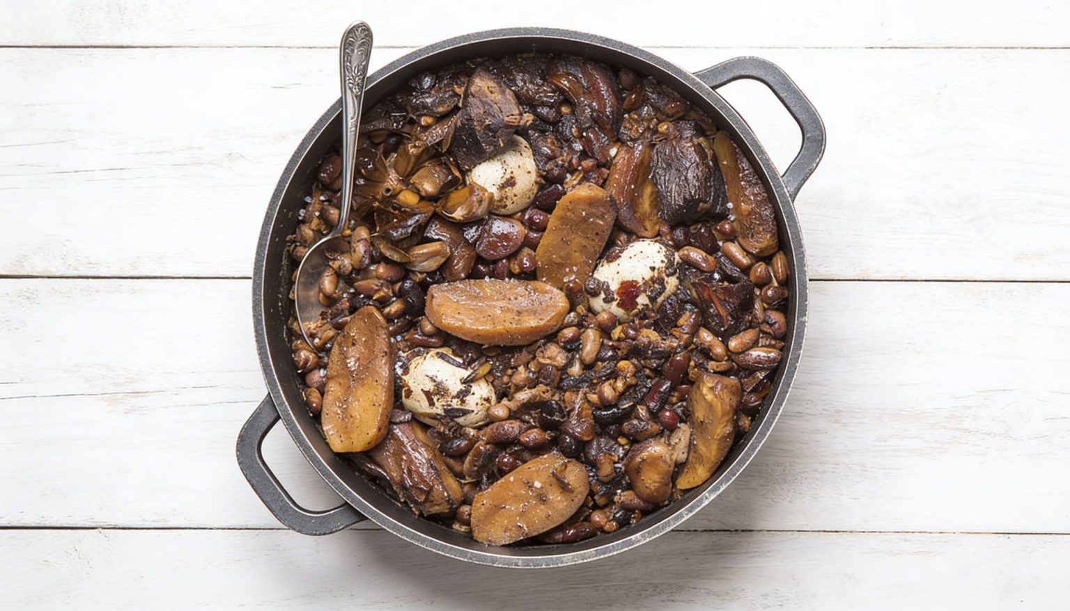 סיר עגול מלא בתבשיל מסורתי שבושל לאט, הכולל שעועית, תפוחי אדמה, ביצים ובשר, מונח על משטח עץ לבן, וכף הגשה מונחת בתוך הסיר.