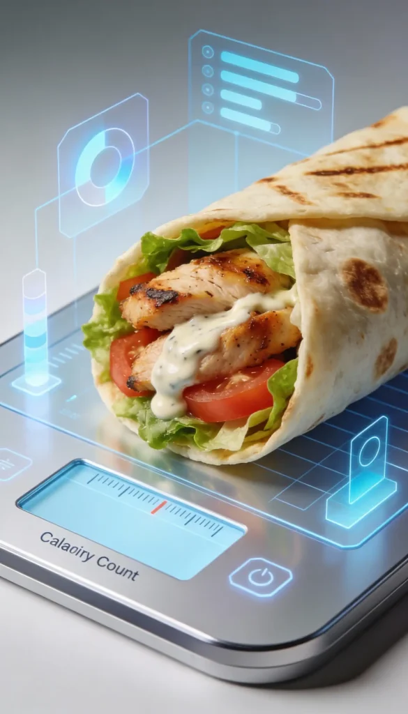 עטיפת עוף עם חסה, עגבנייה ורוטב מונחת על משקל דיגיטלי המציג את "ספירת הקלוריות", עם גרפיקה מונפשת המסמלת מעקב תזונתי המרחפת סביבה.