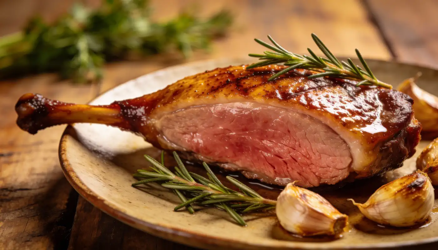 רגל ברווז מבושלת עם עור פריך ושחום ומרכז ורוד מונחת על צלחת, מעוטרת בענפי רוזמרין ושיני שום קלויות, על שולחן עץ כפרי.