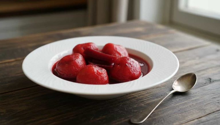 קערה לבנה מלאה בתפוחים שלמים מבושלים בסירופ אדום מונחת על שולחן עץ ליד כפית כסף. אור זורם מבעד לחלון סמוך ומאיר את המנה.