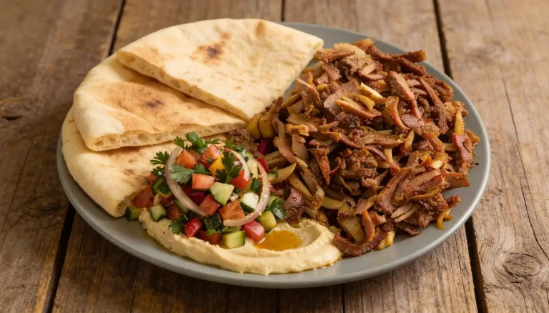 צלחת עם פרוסות פיתה, רצועות בשר בגריל, חומוס עם פטרוזיליה וסלט טרי של עגבניות, מלפפונים ובצל קצוצים, מוגשת על צלחת אפורה על שולחן עץ.