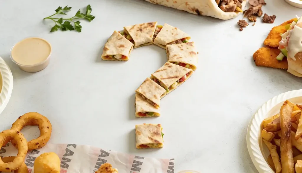 סימן שאלה עשוי מפרוסות קסדייה מסודר על משטח לבן, מוקף במגוון מאכלים מהירים כמו טבעות בצל, צ'יפס, רול, רוטב ופטרוזיליה.