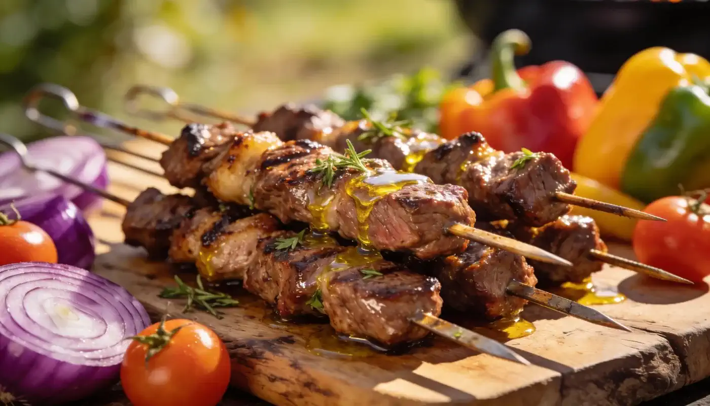 ארבעה שיפודי בשר בגריל מעוטרים בעשבי תיבול מונחים על קרש עץ, מוקפים בפרוסות בצל סגול, עגבניות שרי ופלפלים צבעוניים ברקע.